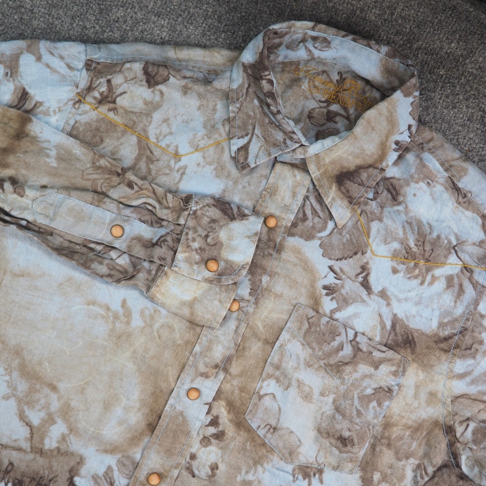 Tommy Bahama Western Shirt Mens Med Linen Floral Cowboy Blue Brown Rustic